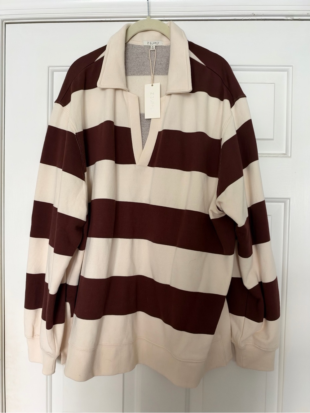 Z Supply women’s Rugby Stripe V-Neck Pullover - Cream & Brown NWT